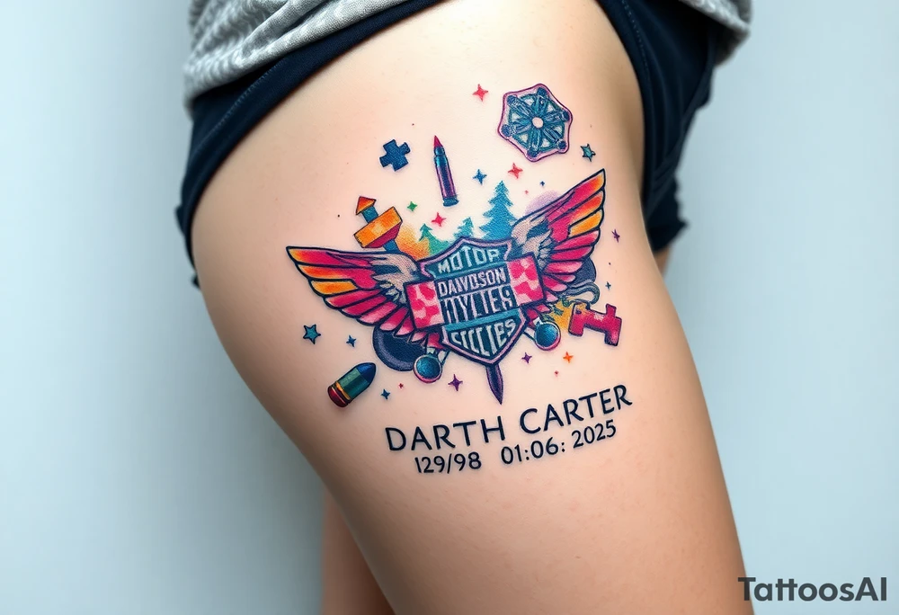 colorful futuristic memory tattoo for passed boyfriend;, star wars, Harley Davidson, skateboarding, puzzle pieces, video games, heaven, god, outdoors, 9mm bullet, words MEMENTO MORI & DARTH CARTER 12/29/88-01/06/2025 tattoo idea