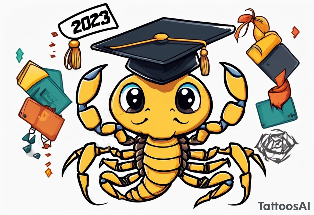 cute scorpion wearing a graduation cap that says 2023, with the background that represents game development and designs tattoo idea