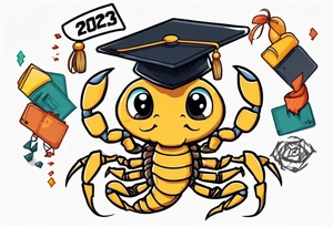 cute scorpion wearing a graduation cap that says 2023, with the background that represents game development and designs tattoo idea