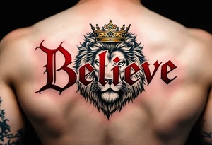 A bold "Believe" in deep crimson, with a crowned lion above it, representing strength and courage in one’s beliefs. tattoo idea