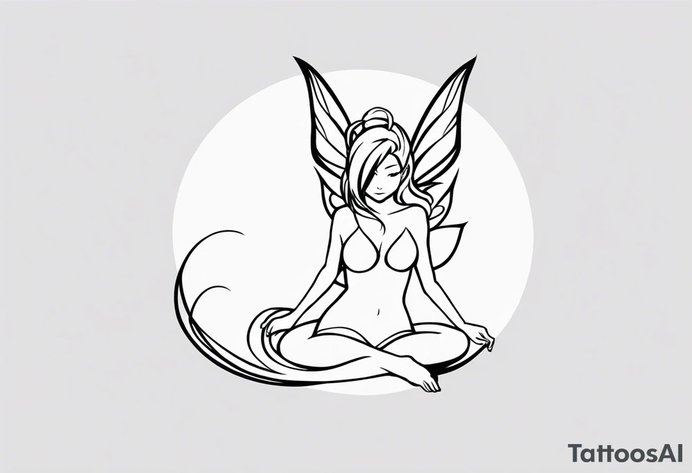 A fairy with a tail inspired by the logo of the show called Fairy Tail in a fetal position leaning in tattoo idea