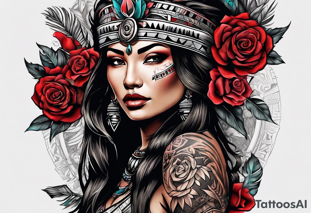Aztec woman wrapped in roses with a wolf tattoo idea