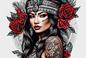 Aztec woman wrapped in roses with a wolf tattoo idea