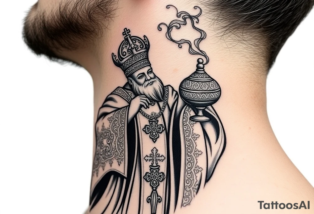 A Russian Orthodox Priest in full gold vestments swinging a censer with smoke curling upward 

The ornate robes give incredible fine line detail
The incense smoke could flow and connect to other elements
It ties directly into the church and Virgin Mary you already have
Very culturally authentic to the overall theme tattoo idea