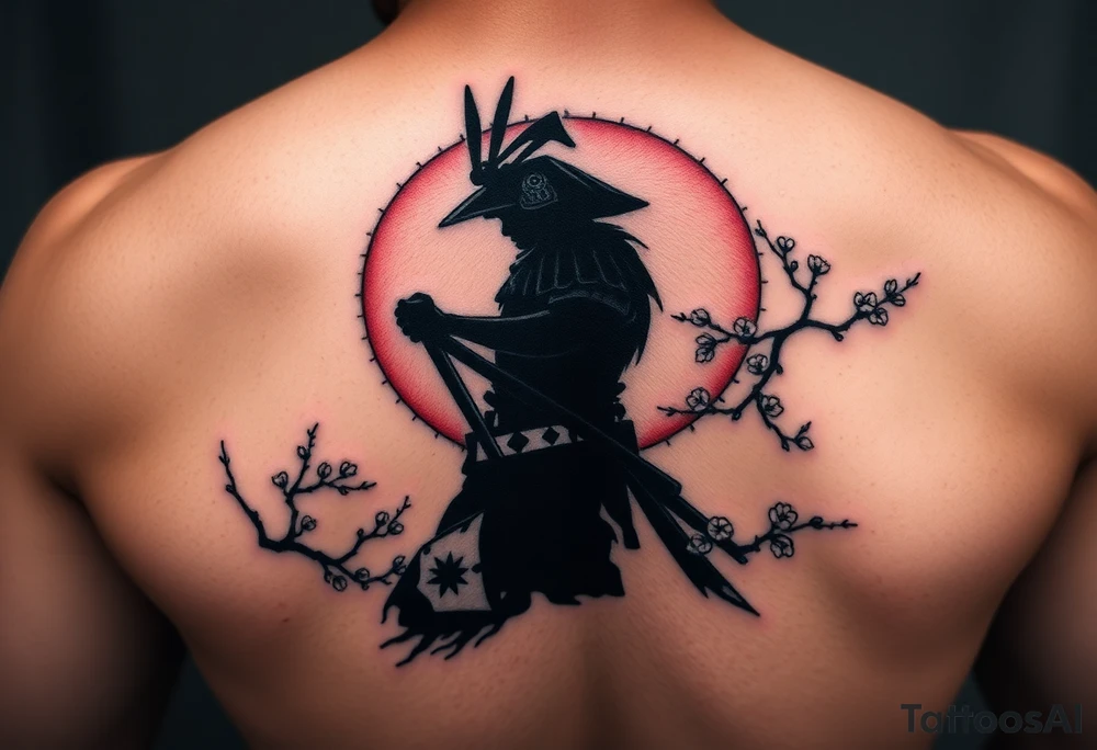 noble samurai warrior silhouette at sunset with cherry blossoms tattoo idea