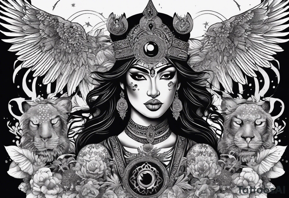black kali, goddess pirate, alien, angel, pachamama, valkrye, warrior, flying, skull, lotus azul, wing, eagle, zenza resonance, stars, 5D, anahata chakra, death, durga, riding on a tiger, flying lady, kundalini, chest tatoo, samuri, rebel tattoo idea