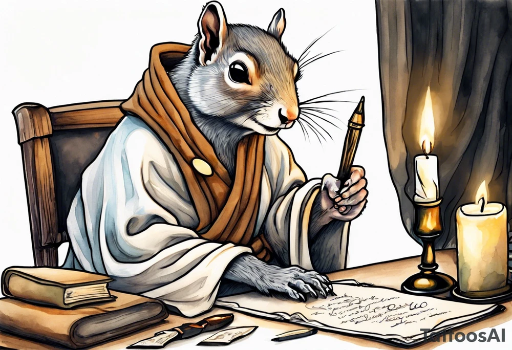 an elderly grey squirrel dressed in a monk robe wearing an eye patch sitting at a desk in the dark holding a quill writing by candlelight tattoo idea