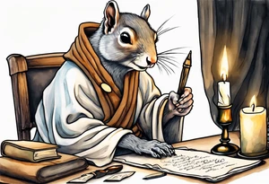 an elderly grey squirrel dressed in a monk robe wearing an eye patch sitting at a desk in the dark holding a quill writing by candlelight tattoo idea