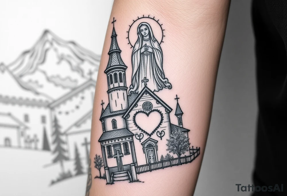 Russian Orthodox church with orthodox spire crosses in a mountainous village setting, with a holy glow around the church, and a virgin mary sat seperately above looking over hands on heart sat above tattoo idea