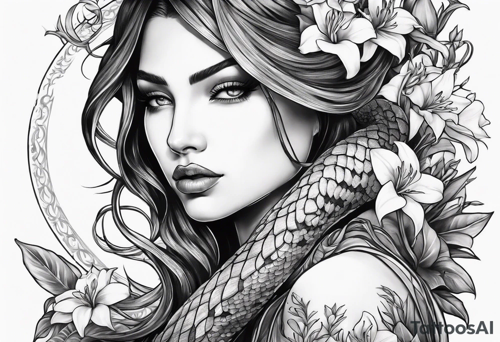 a side view of lilith holding a serpent and surrounded by lilies tattoo idea