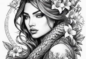 a side view of lilith holding a serpent and surrounded by lilies tattoo idea