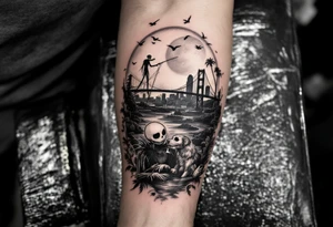 jack skellington with dog,smoking a blunt and fishing,surrounded by city buildings,golden gate bridge, birds, palm trees, tattoo idea