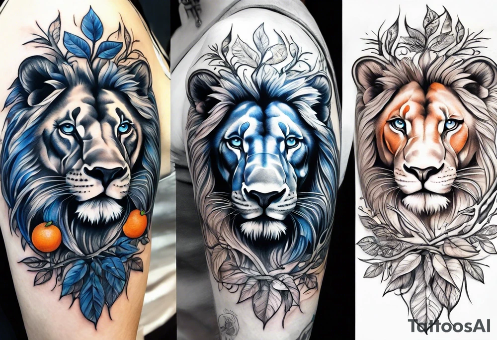 Blue eyed Lion shoulder tattoo with orange tree of life. Then a stream going to a waterfall at the bottom tattoo idea