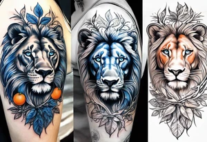Blue eyed Lion shoulder tattoo with orange tree of life. Then a stream going to a waterfall at the bottom tattoo idea
