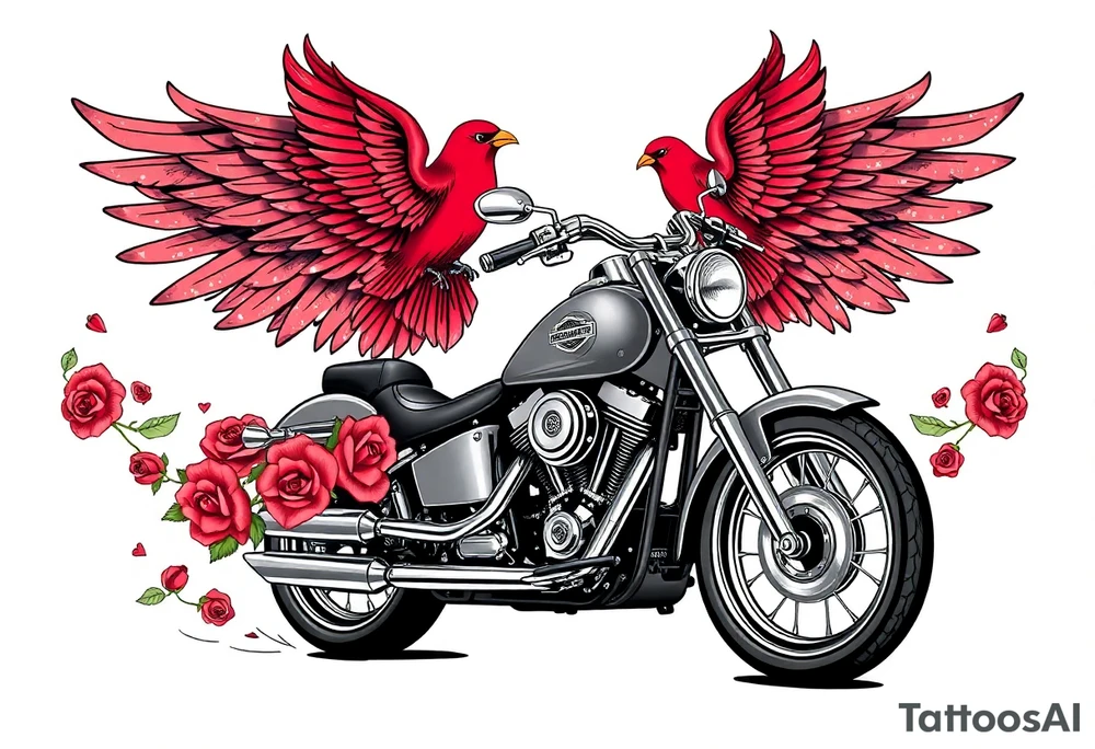 Harley grey motorcycle driving away, two red birds flying, roses, flames, angel wings tattoo idea