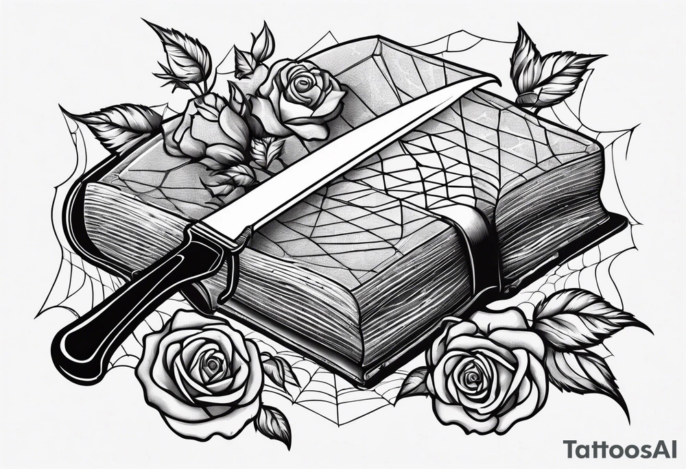Book with meat cleaver, rose and spiderweb tattoo idea