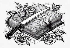 Book with meat cleaver, rose and spiderweb tattoo idea