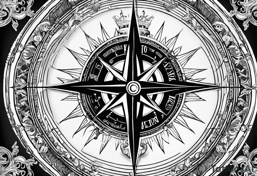 Nautical compass with New Zealand map outline behind it and southern cross tattoo idea