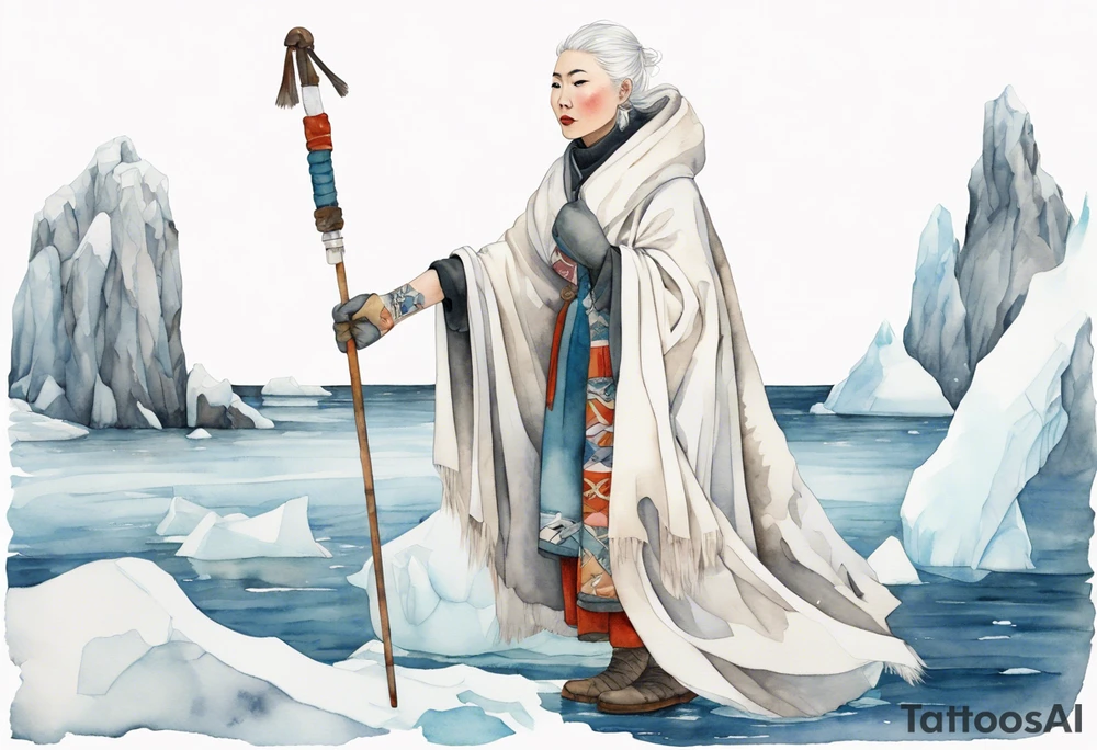 an Inuit woman with white hair, wearing mittens, wearing a white cloak, holding a white staff, wearing mukluks, standing on an iceberg in the sea tattoo idea