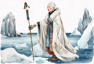 an Inuit woman with white hair, wearing mittens, wearing a white cloak, holding a white staff, wearing mukluks, standing on an iceberg in the sea tattoo idea