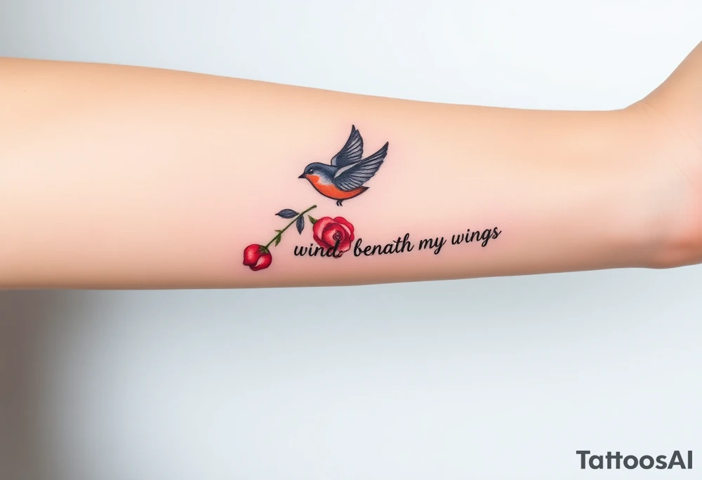 Soaring robin with trail of red rose petals with writing saying wind beneath my wings tattoo idea