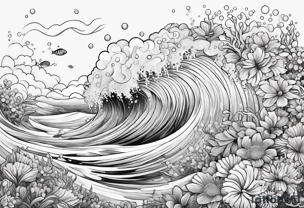 flowers waves coral bubbles underwater tattoo idea