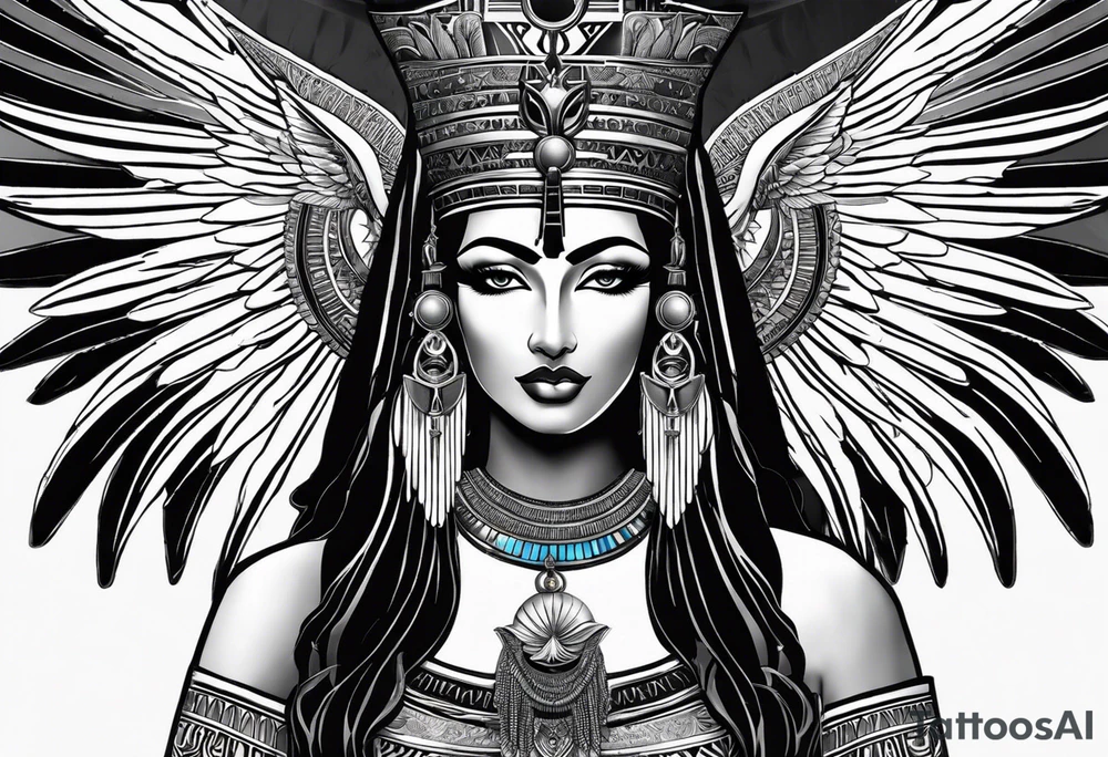 blank and white Egyptian goddess Isis, who is often depicted as a woman with outstretched wings, holding an ankh (a symbol of life) in one hand and a lotus flower in the other. Her headdress often includes a throne or a solar disk. The tattoo design can vary in style and size, but it typically aims to capture the essence of this revered Egyptian deity, emphasizing her beauty, power, and maternal qualities. The choice of colors and additional elements can also be customized to create a unique and visually striking representation of the goddess Isis tattoo idea