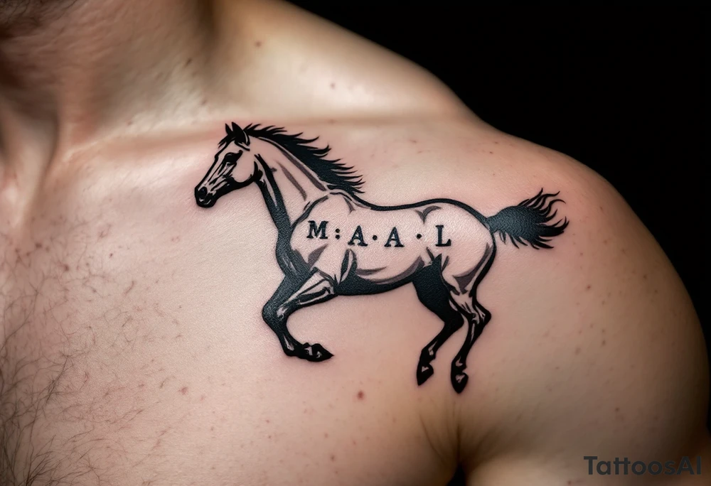 horse silhouette 
from the front which gallops from the front, with the 3 small letters discreetly integrated: M, A, L tattoo idea