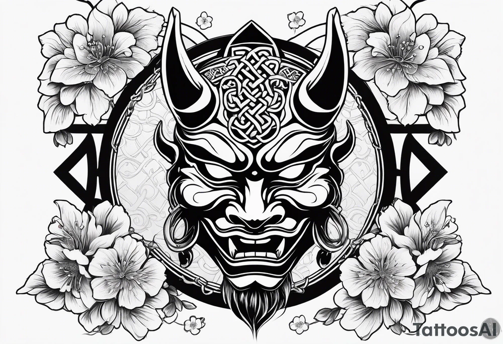 Oni mask with a cherry blossom background in a Celtic style tattoo idea