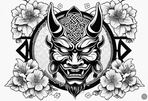 Oni mask with a cherry blossom background in a Celtic style tattoo idea
