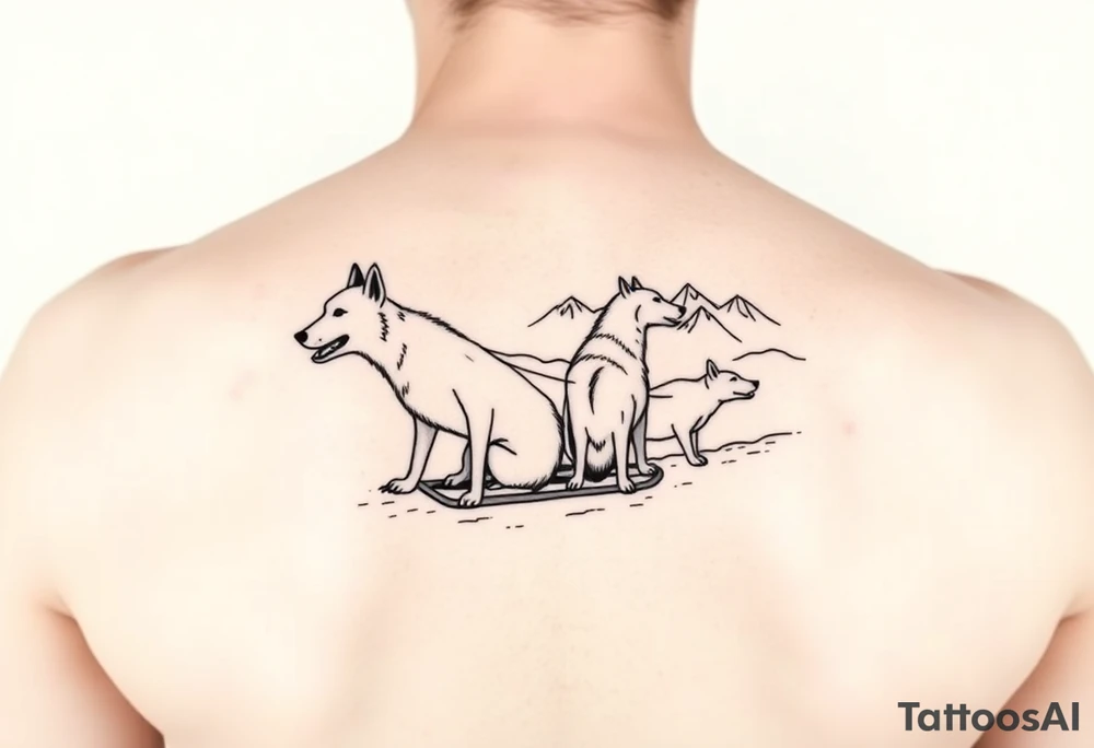 4 Sled dogs from a side view 
with sled and northern lights and mountains tattoo idea