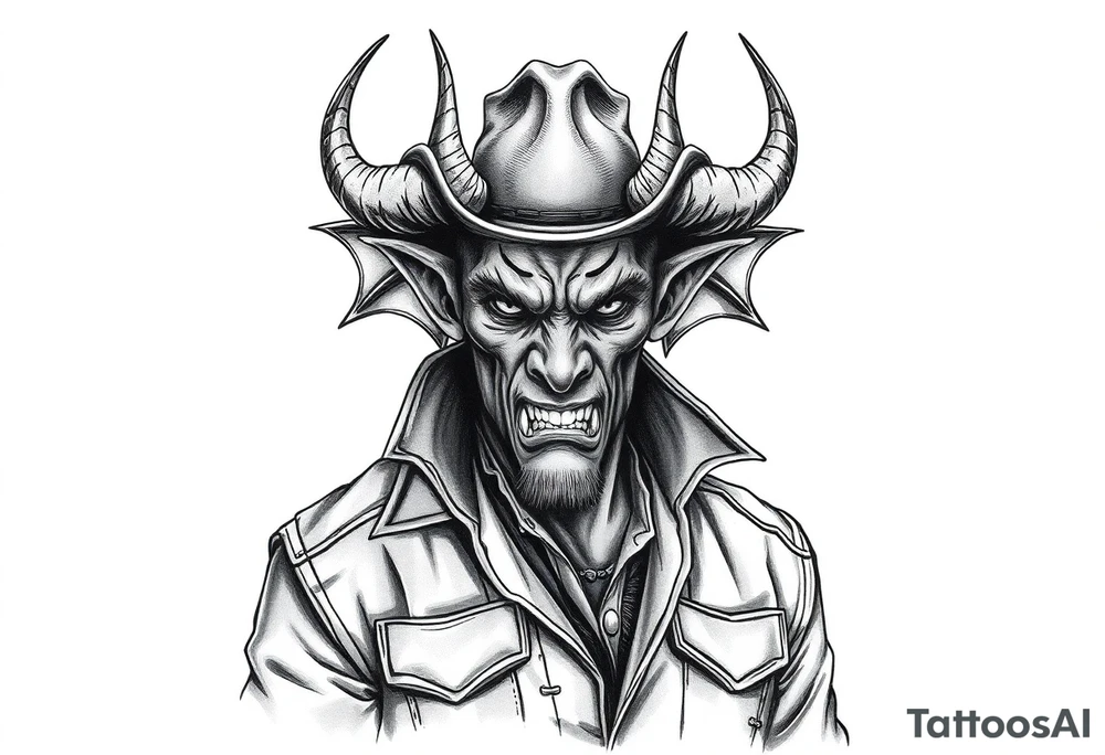 a demon in cowboy.clothing, tattoo idea