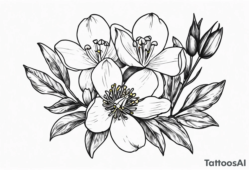 Bouquet with One snowdrop, One hawthorn flower, Two honeysuckle blooms tattoo idea