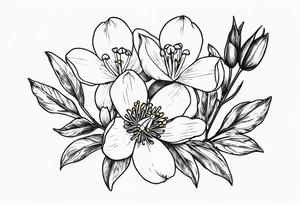 Bouquet with One snowdrop, One hawthorn flower, Two honeysuckle blooms tattoo idea