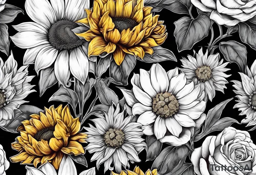 Sunflower daffodil, daisy, rose, Adler, chrysanthemum, holly tattoo idea