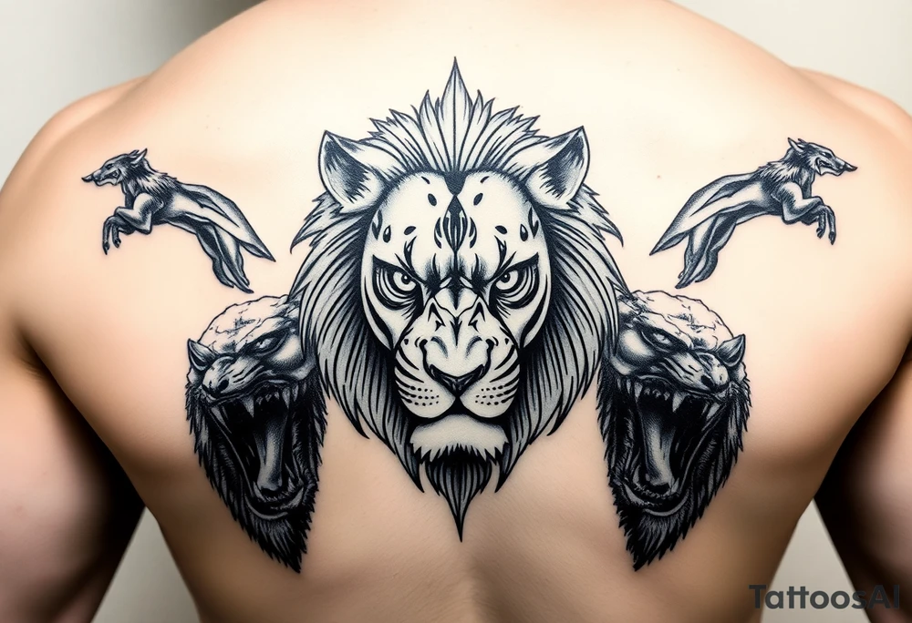 powerful majestic lion with a alien eyes, surrounded by vicious animals but not from earth tattoo idea