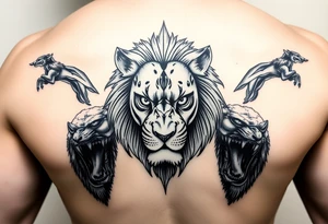 powerful majestic lion with a alien eyes, surrounded by vicious animals but not from earth tattoo idea