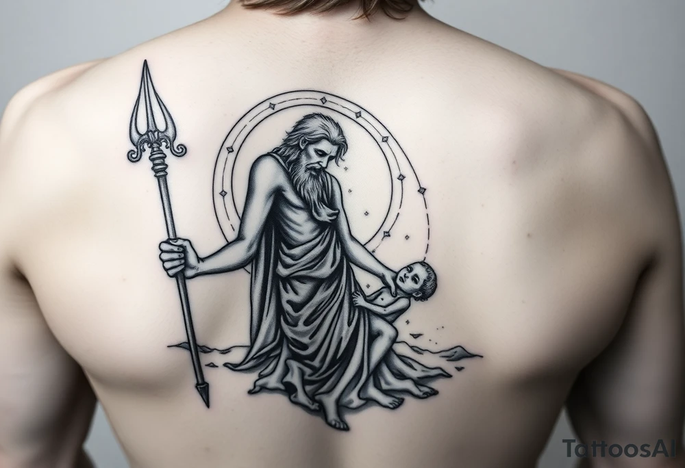 a tattoo design of the Greek God Saturn but older and nearly dying holding his spear looking down using the spear to keep himself upright, in his other arms cradling a twin dying younger version of himself. The gemini constellation is in the background behind the Saturn Gods. Long vertical form as this will be on a thigh - include the planet Saturn rings going round the design tattoo idea