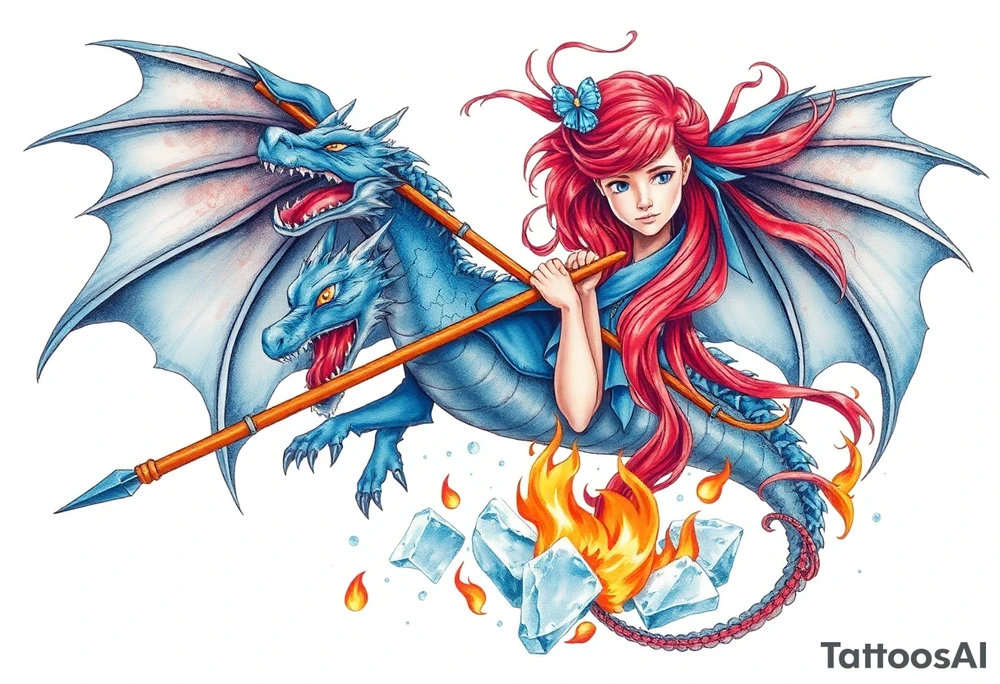 Redheaded girl with a spear through a blue dragon who is breathing fire with wings spread and flying over ice and flames tattoo idea