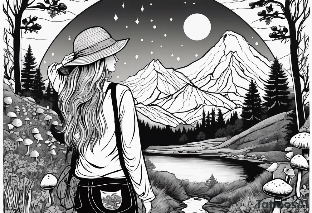 Whole picture encircled fully

Straight long blonde hair hippie girl in distance holding mushrooms in hand facing away toward mountains and creek surrounded by mushrooms long sleeve shirt and hiking pants; whole rendering within a full circle, no cut off circle tattoo idea