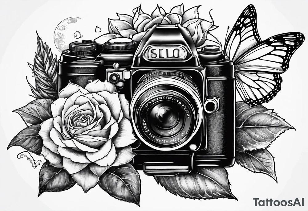 Butterfly, sunflower, camera, book, flower rose tattoo idea