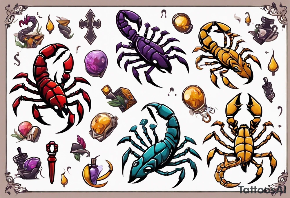 background that represents game development and designs with a scorpion make it magical, and cute scorpion that's feminine tattoo idea