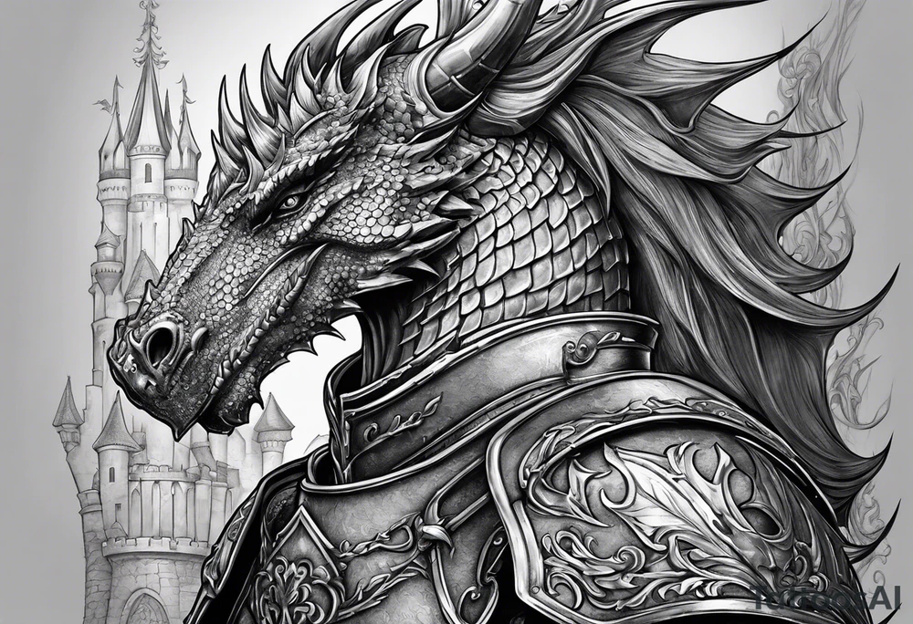 knight in armor, dragon, castle tattoo idea