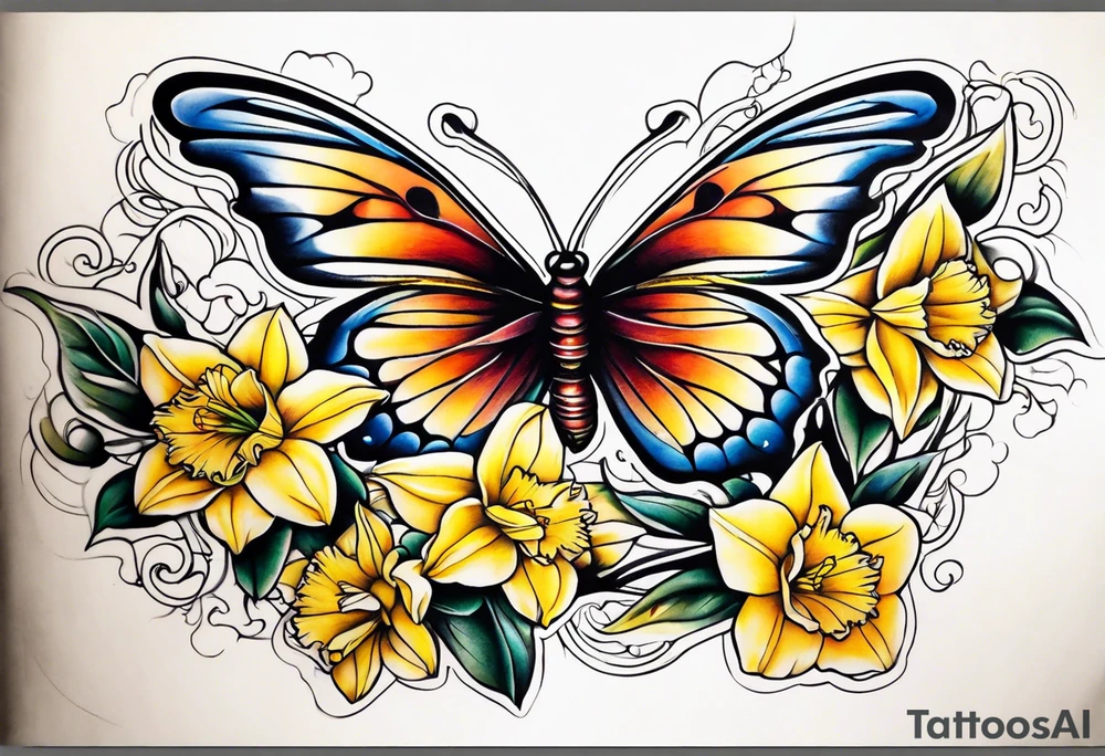 Butterfly, star and daffodils and morning glory tattoo idea