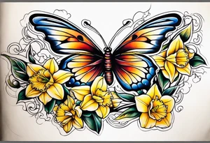 Butterfly, star and daffodils and morning glory tattoo idea