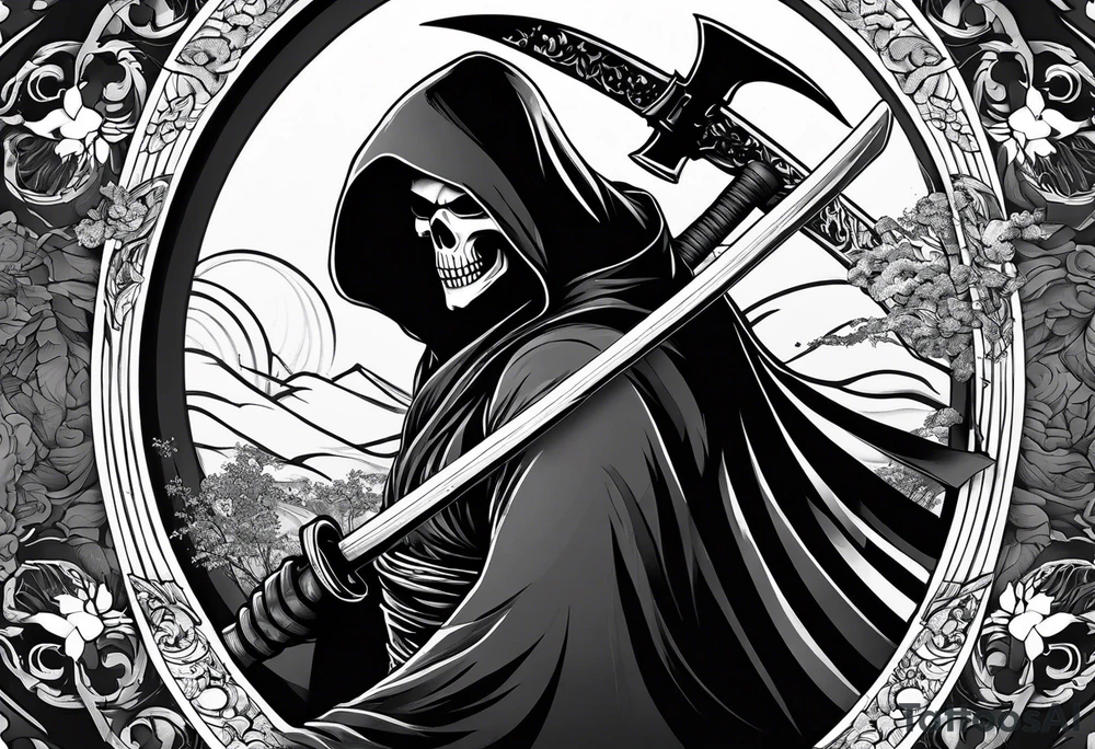 katana with grim reaper tattoo idea