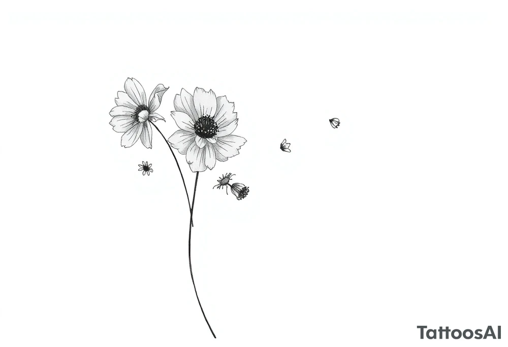 Wildflowers in the Wind (Detailed Linework)
A realistic fine-line tattoo of wildflowers with some petals or leaves being carried away by the wind.
The flowers can be intricately shaded for depth, and the wind can be represented with delicate, flowing lines.
Placement: Forearm, ribcage, or back of the shoulder. tattoo idea