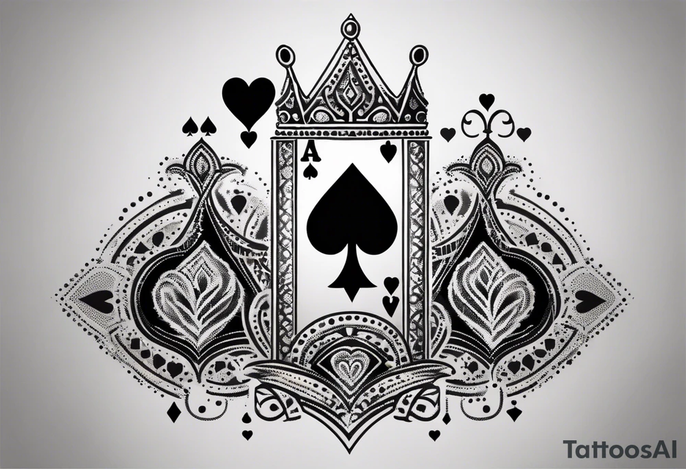 one combined tatto in minimalistic style with icon style three king of spades and icon style one queen of hearts. extreme minimalstic and few lines. much more minimalistic and fewer lines tattoo idea