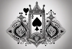 one combined tatto in minimalistic style with icon style three king of spades and icon style one queen of hearts. extreme minimalstic and few lines. much more minimalistic and fewer lines tattoo idea