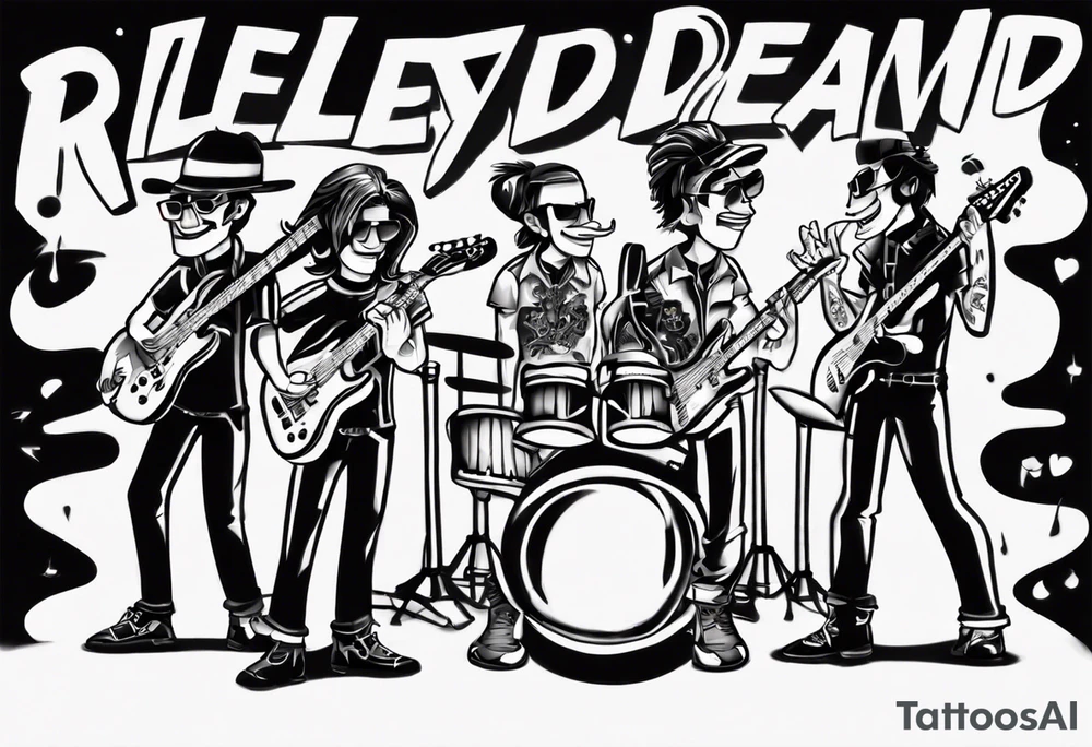 shadows of band members playing instruments. The words Riley and Jasper are formed by the parts of the picture. tattoo idea